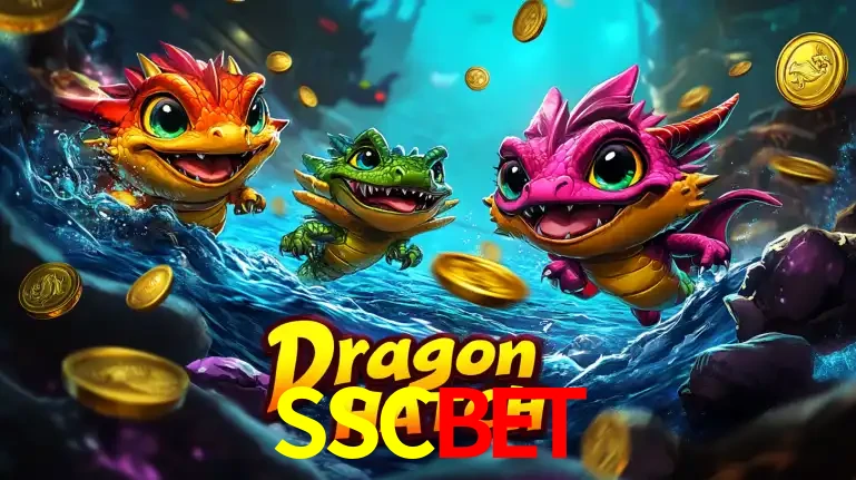 Arte promocional do jogo Dragon Hatch com três adoráveis dragões bebês nadando entre moedas de ouro, um dos slots mais divertidos para jogar no cassino SSCBET.