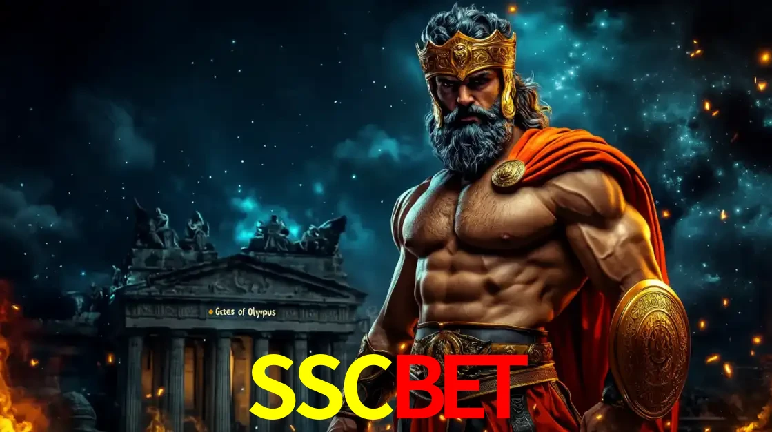 O poderoso Zeus do jogo de slot Gates of Olympus em frente ao seu templo, pronto para lançar multiplicadores divinos e prêmios épicos no cassino online SSCBET.