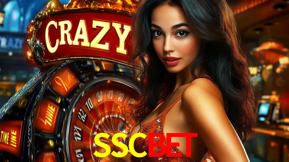Mulher glamourosa olhando para a câmera com a roda vermelha do Crazy Time ao fundo em um ambiente de cassino, destacando a emoção dos jogos ao vivo no SSCBET.