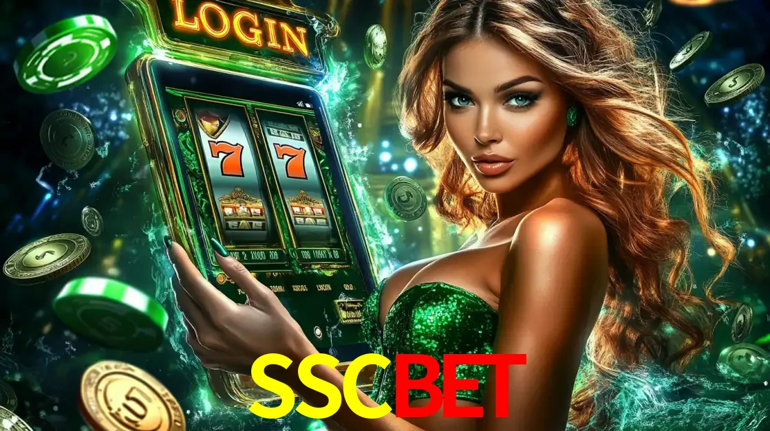 Mulher com tema verde apresentando o aplicativo do cassino SSCBET com um jogo de slot de 777, cercada por fichas de cassino e uma aura de sorte.
