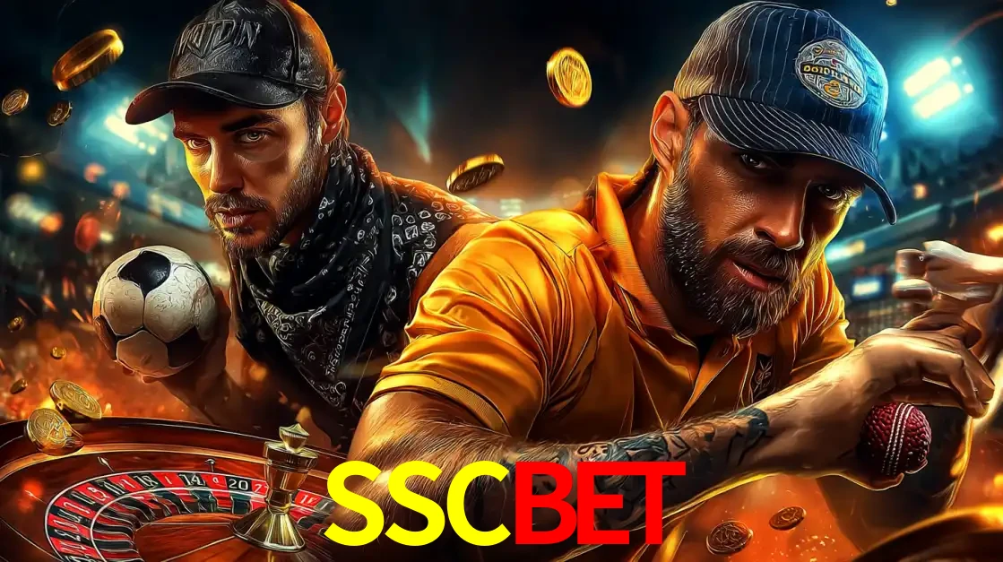 Montagem de apostas esportivas e cassino no SSCBET, com um homem segurando uma bola de futebol e outro uma de beisebol sobre uma roleta e moedas voadoras.