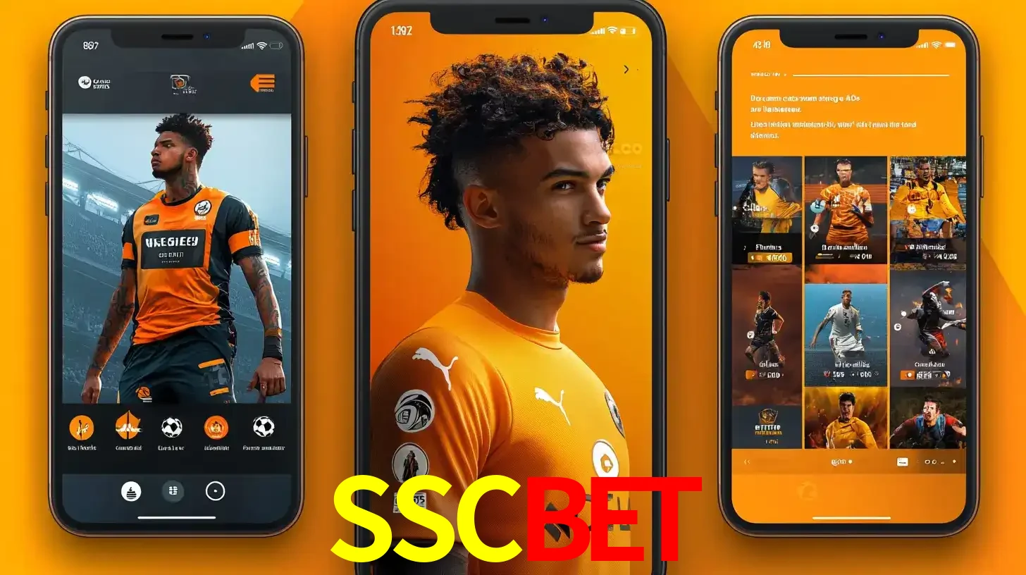 Interface do aplicativo de apostas esportivas SSCBET em três telas de celular, mostrando o perfil de um jogador de futebol e a lista de jogos disponíveis para apostar.