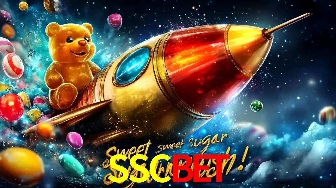 Arte promocional do jogo de slot Sugar Rush, com um urso de pelúcia em um foguete viajando pelo espaço de doces, um dos jogos divertidos disponíveis no cassino SSCBET.
