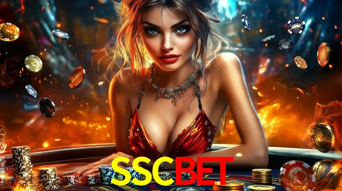 Mulher em uma mesa de cassino com pilhas de fichas e um fundo de fogo, pronta para uma rodada de altas apostas nos jogos de mesa emocionantes do cassino SSCBET.