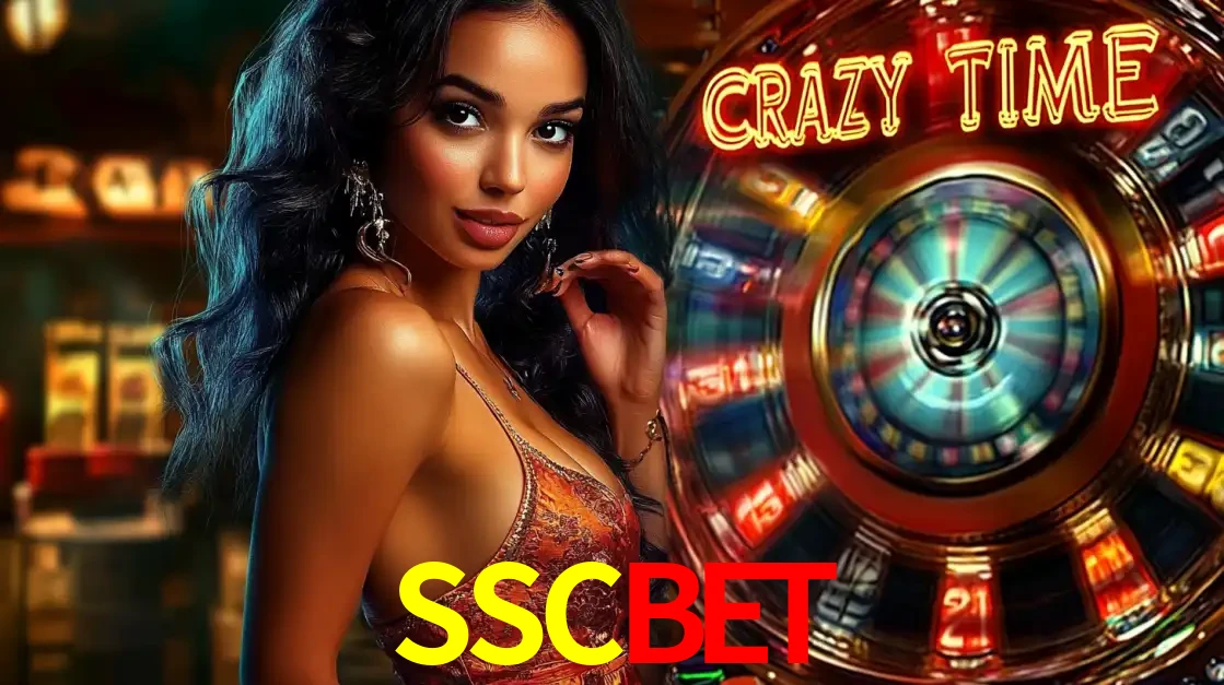 Mulher elegante ao lado da vibrante roda da fortuna do jogo de cassino ao vivo Crazy Time, um dos game shows mais populares e cheios de prêmios do SSCBET.
