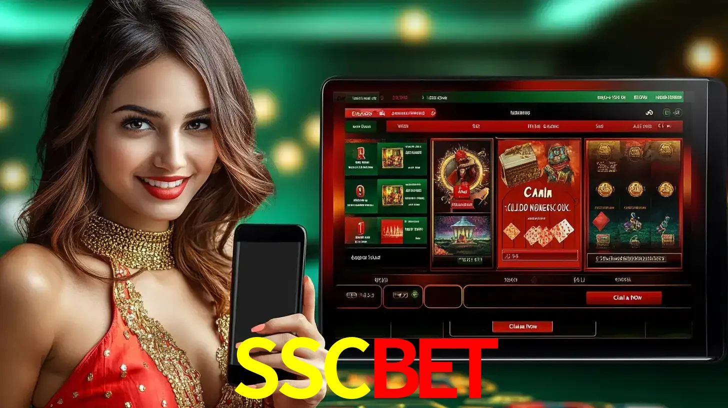 Mulher sorridente segurando um smartphone, ao lado de uma tela exibindo o lobby de jogos do cassino online SSCBET, com várias opções de jogos de cartas e slots.